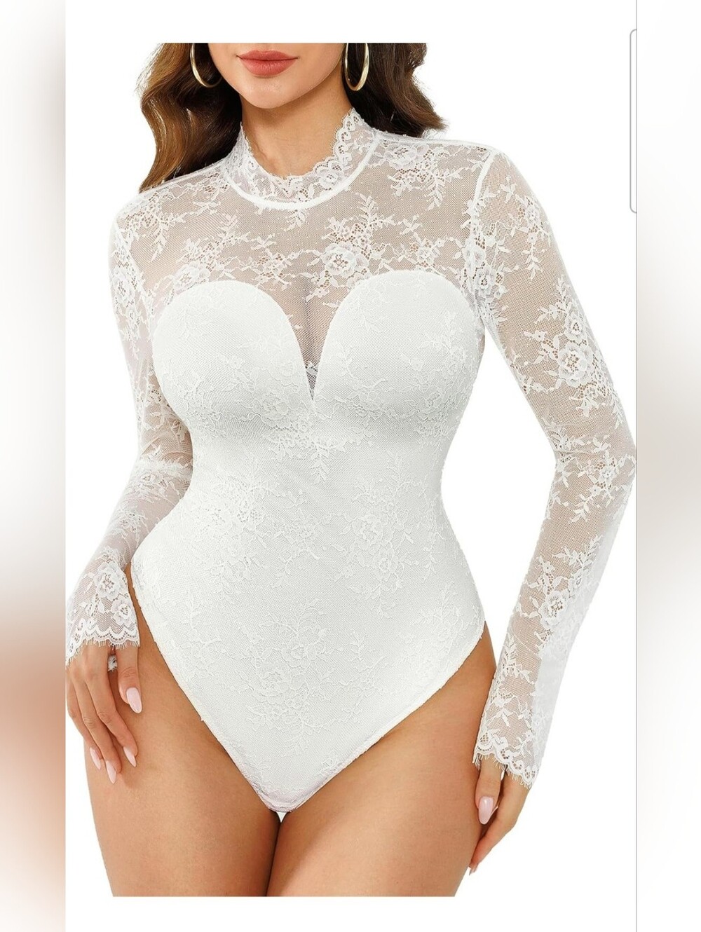 Popilush Women's White Lace Turtleneck Shapewear Sheer Back Bodysuit Size XL